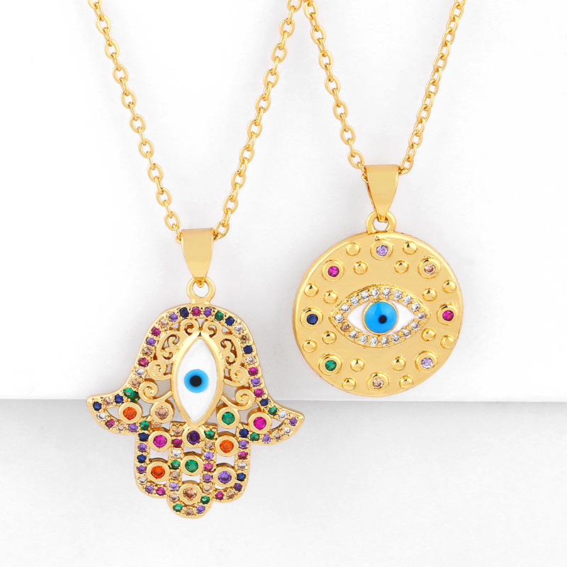 Européen Et Américain Bijoux Turquie Bleu Yeux Incrustés Couleur Diamant Collier Femelle Collier Rond Pendentif Chandail Chaîne Nkq18 display picture 2