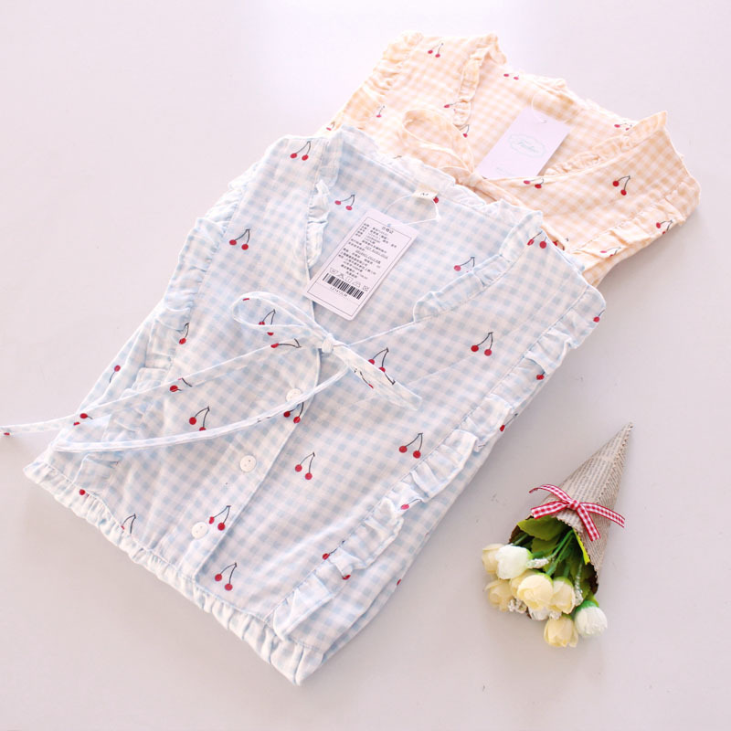 春夏款成人甜美格纹樱桃短袖荷叶边睡裙显瘦V领家居服可一件代发