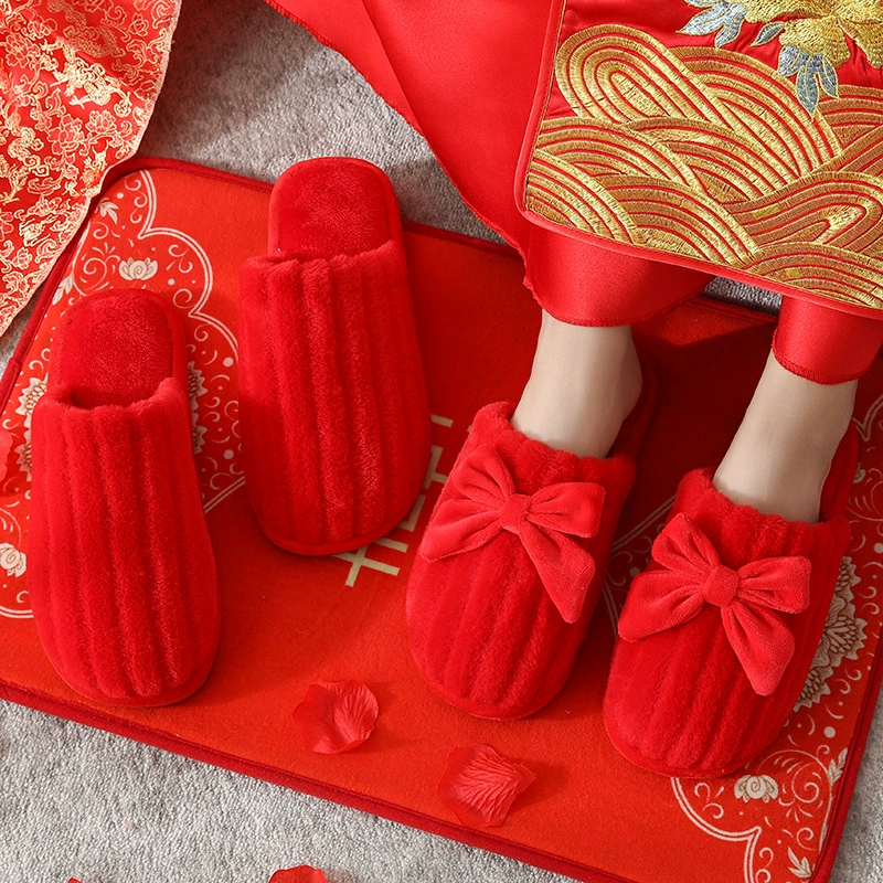 Хлопковые Тапочки женские большие красные домашние Свадебные банты Зимние свадебные тапочки для сопровождения пары праздничные пары свадебные тапочки