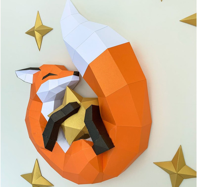 欧美创意3D纸模DIY材料包抱着星星的狐狸FOX 手工制作纸模材料
