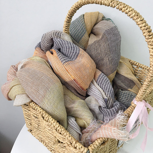 Japanese colorful plaid striped cotton and linen scarf spring and summer thin breathable sun protection silk scarf neck shawl new wholesale