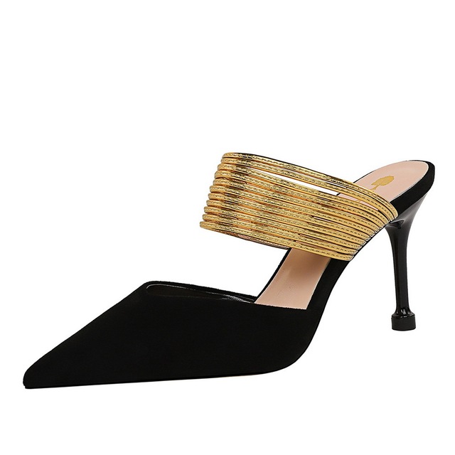 European and American suede light mouth pointed metal one word with thin heel and high heel