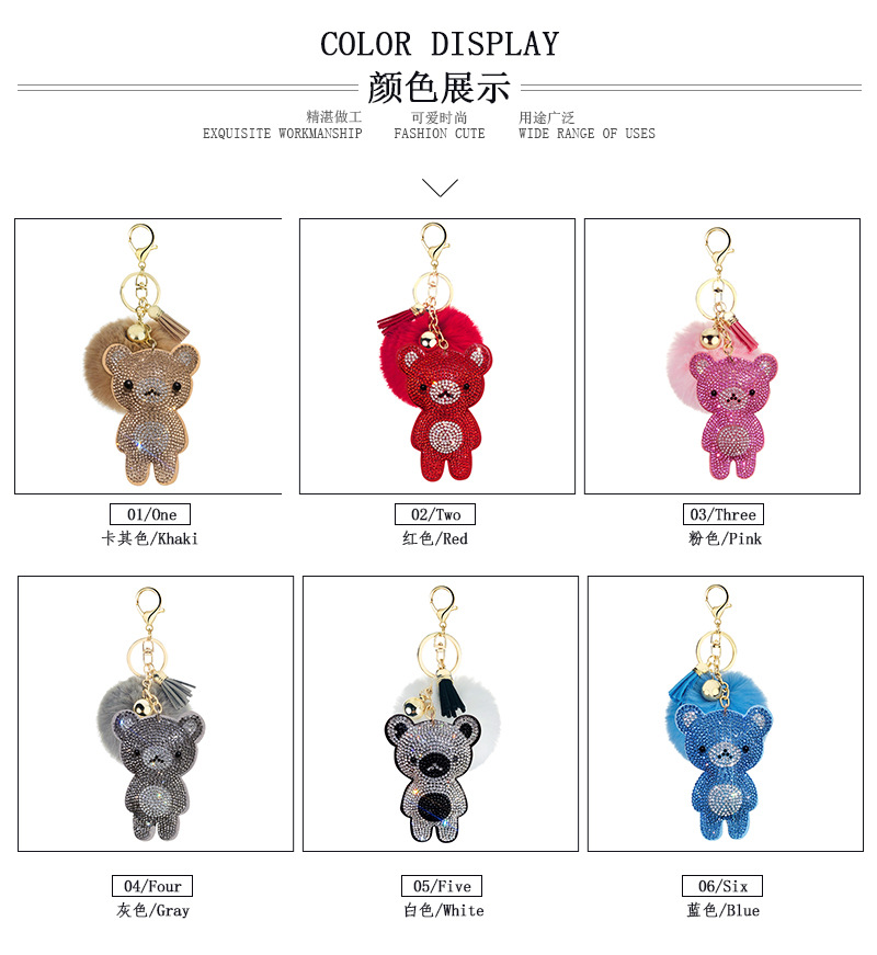 New Korean Velvet Hot Rhinestone Cute Bear Hair Ball Keychain Pendant Pompom Jewelry Bag Ornament Accessories display picture 3