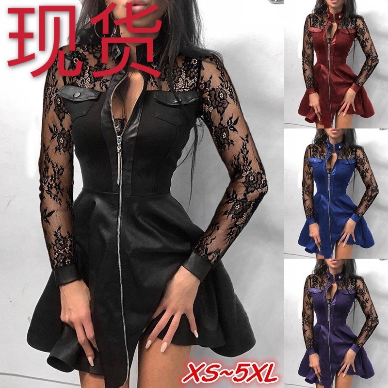 女士时尚大码蕾丝拼布拉链设计PU皮革连衣裙朋克风格及膝长上衣