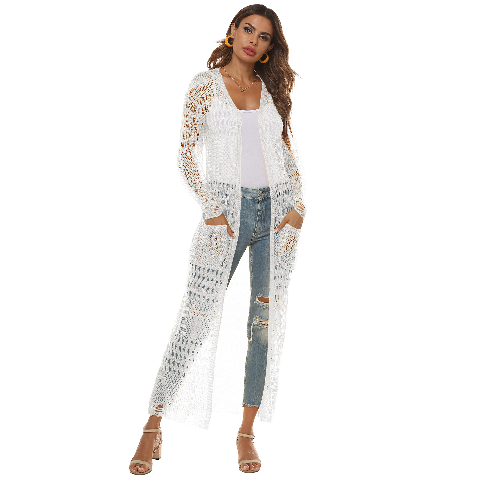 big pockets long all-match woven cardigan  NSOY32636