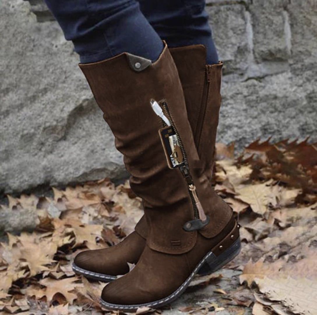 Side Zip Pocket Pu Leather Chunky Heeled Western Boots