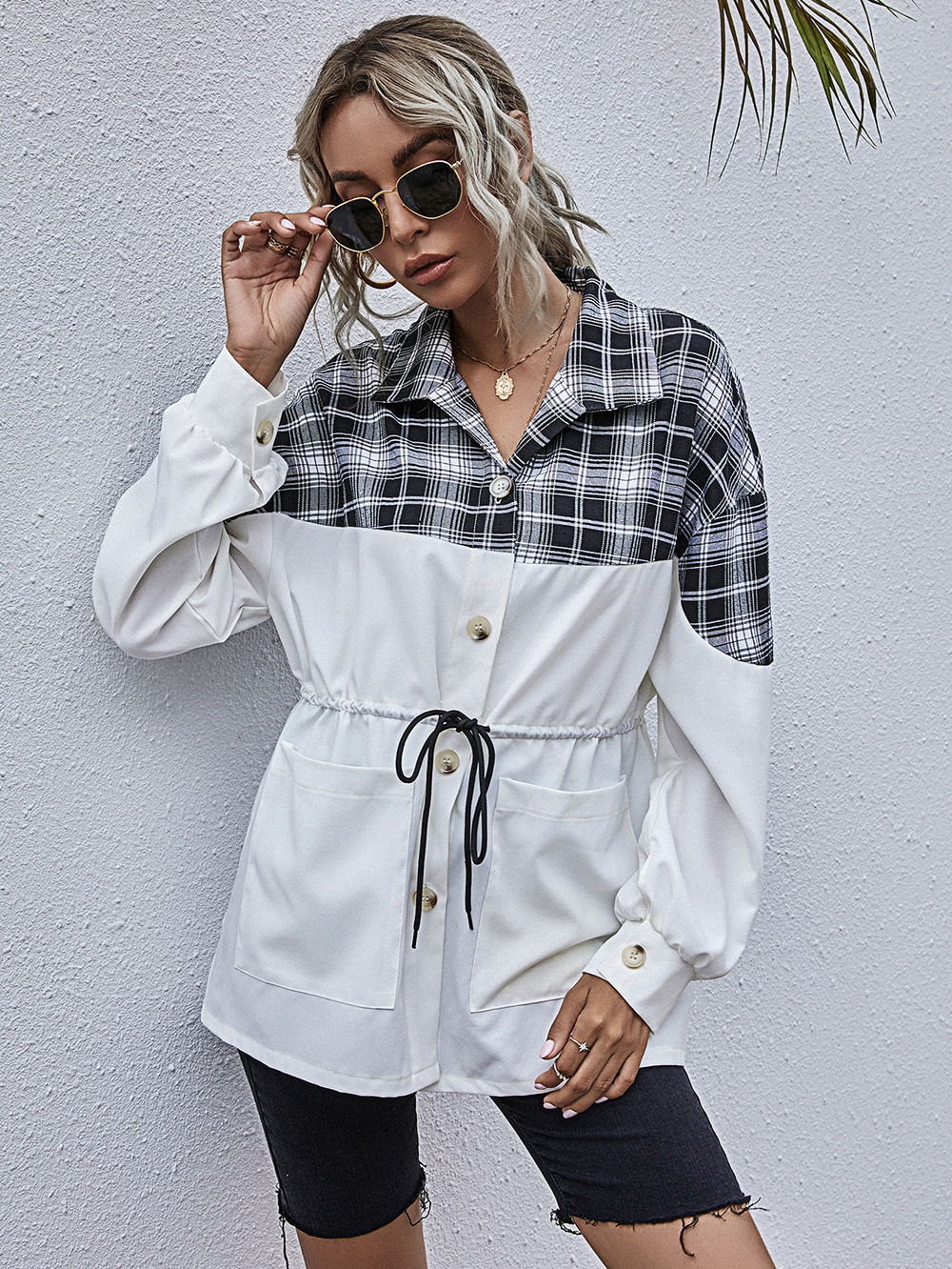 fashion casual lapel check shirt NSDF5186