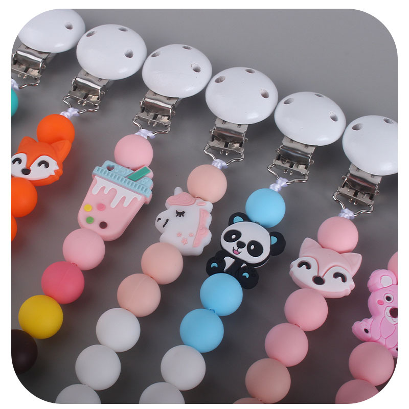 Bebé suministros de dibujos animados animal mordedor chupete cadena calmante bebé silicona mordedura goma chupete anti-gota cadena