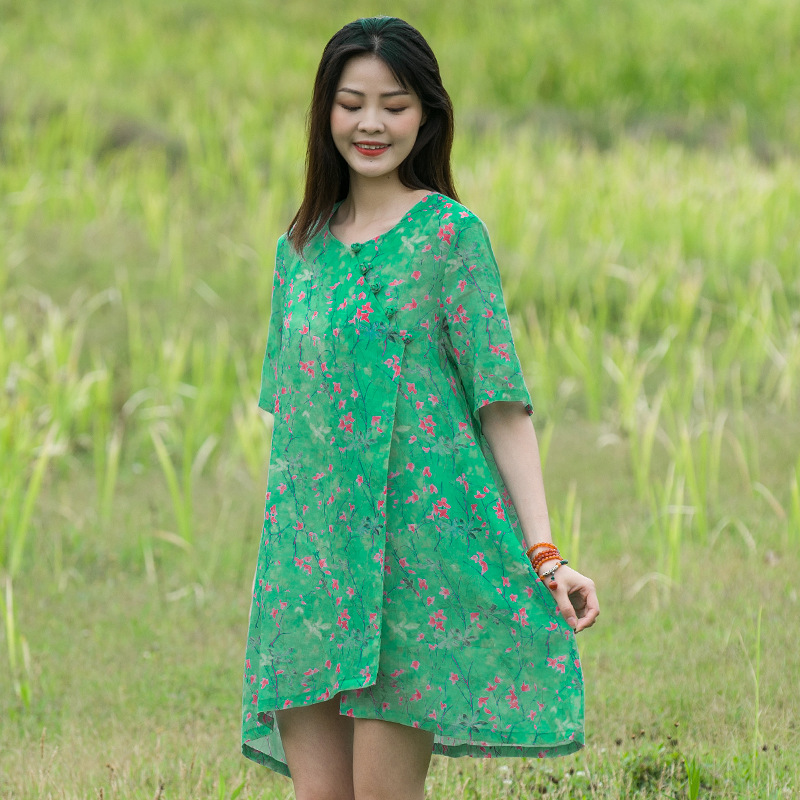 苎麻上衣女2020年夏季新款女装中国风苎麻印花传统宽松女式衬衫|ru