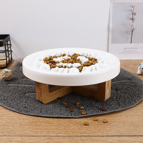 Solid wood elevated cat and dog ceramic anti-choking slow-food bowl, neck-protecting slow-feeder, non-slip and anti-tipping small dog plate