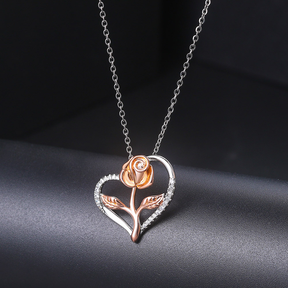 Fashion Heart Shape Rose Copper Plating Inlay Zircon Pendant Necklace 1 Piece