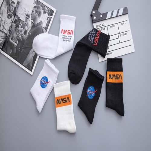 INS Brand English Men and Women Western Street Skateboard NASA Space Agency 100% Cotton Mid-Calf Trendy Socks College Style Socks