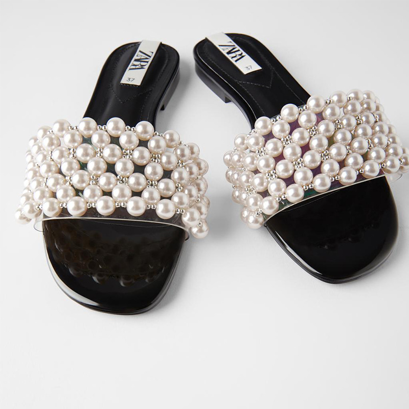 ZA faux pearl inlaid flat sandals, new w...