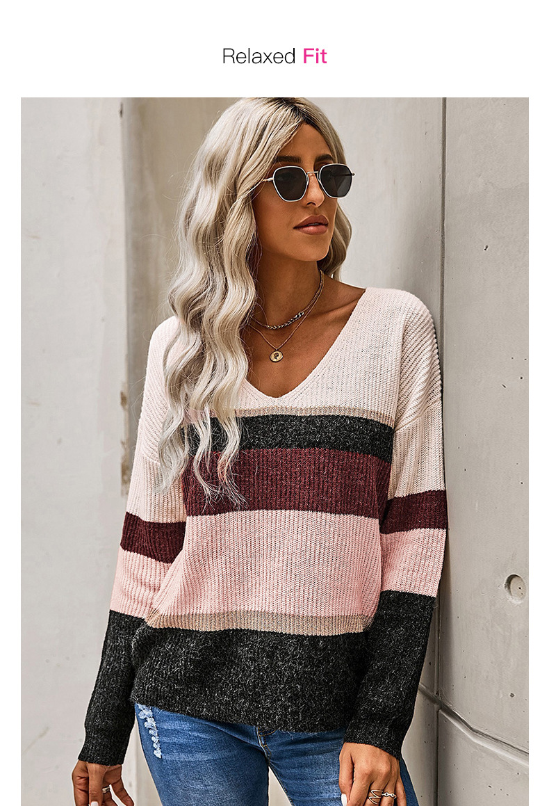 striped contrast long-sleeved v-neck knitted sweater  NSSI2379