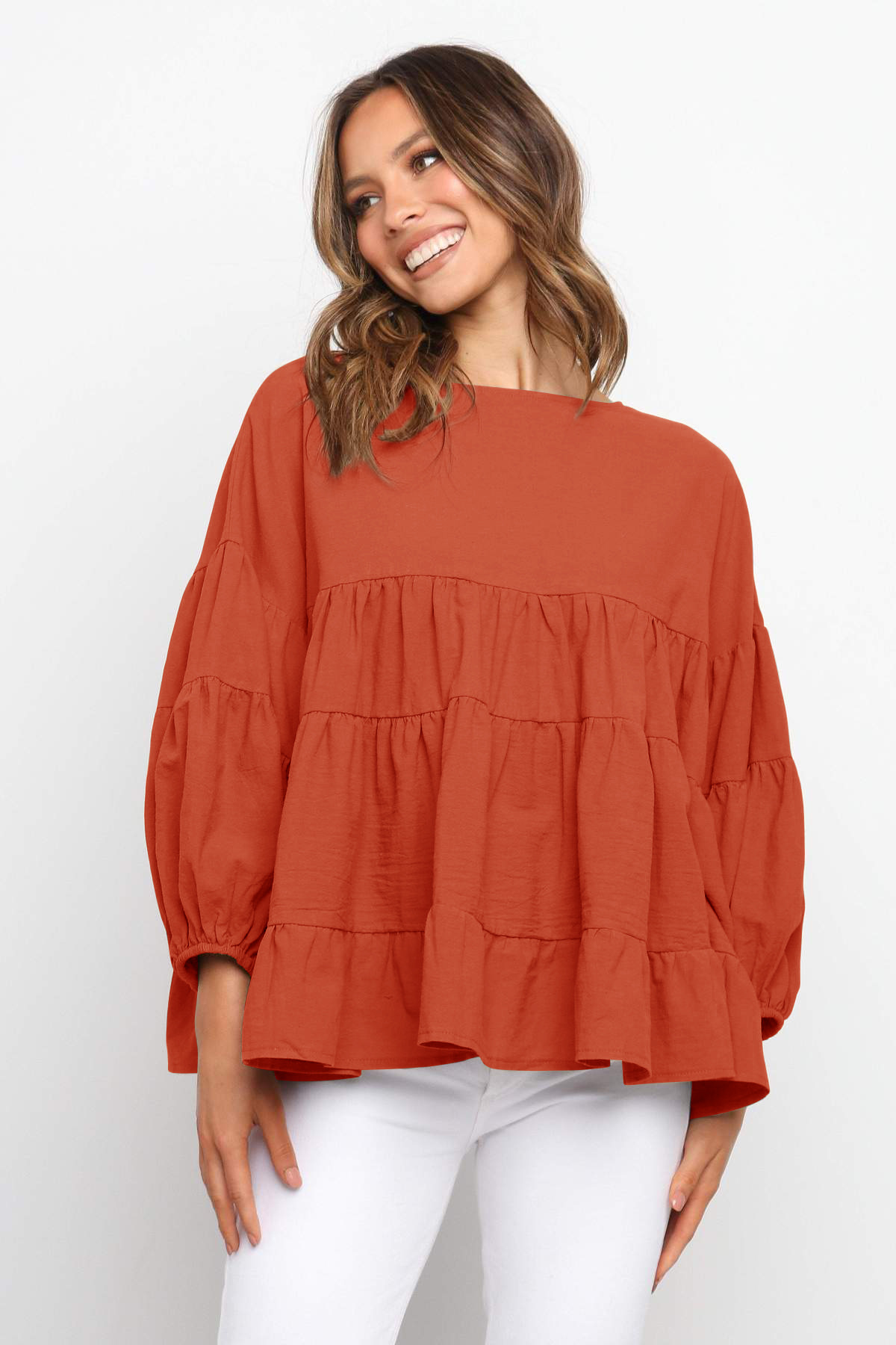 solid color round neck lantern long-sleeved large swing loose t-shirt NSLNZ123634