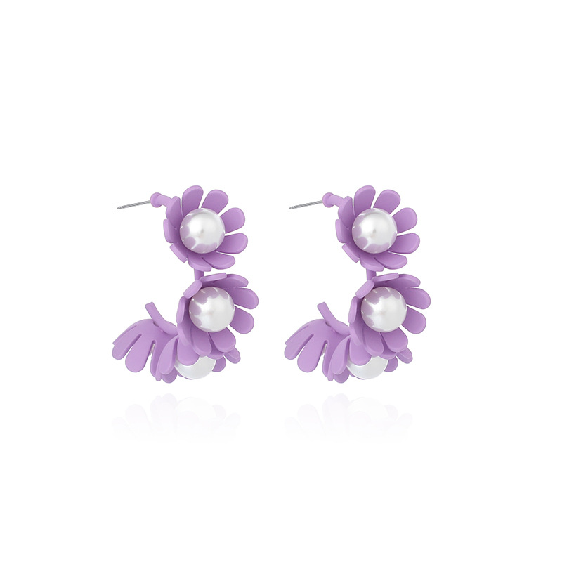 8g Weight Earrings Classification Wedding, Travel Occasion Flower Pattern Women'S Gender Rose Red, Purple, Green, Yellow Color Hot Sale Korea Candy Color Cute Flower Earrings C-shaped Wreath Childlike Pearl Earrings Wholesale Nihaojewelry 13