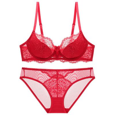 厂家批发大胸显小文胸本命年内衣女大码红色套装性感蕾丝薄款胸罩