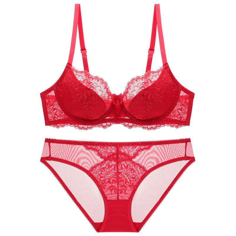 厂家批发大胸显小文胸本命年内衣女大码红色套装性感蕾丝薄款胸罩