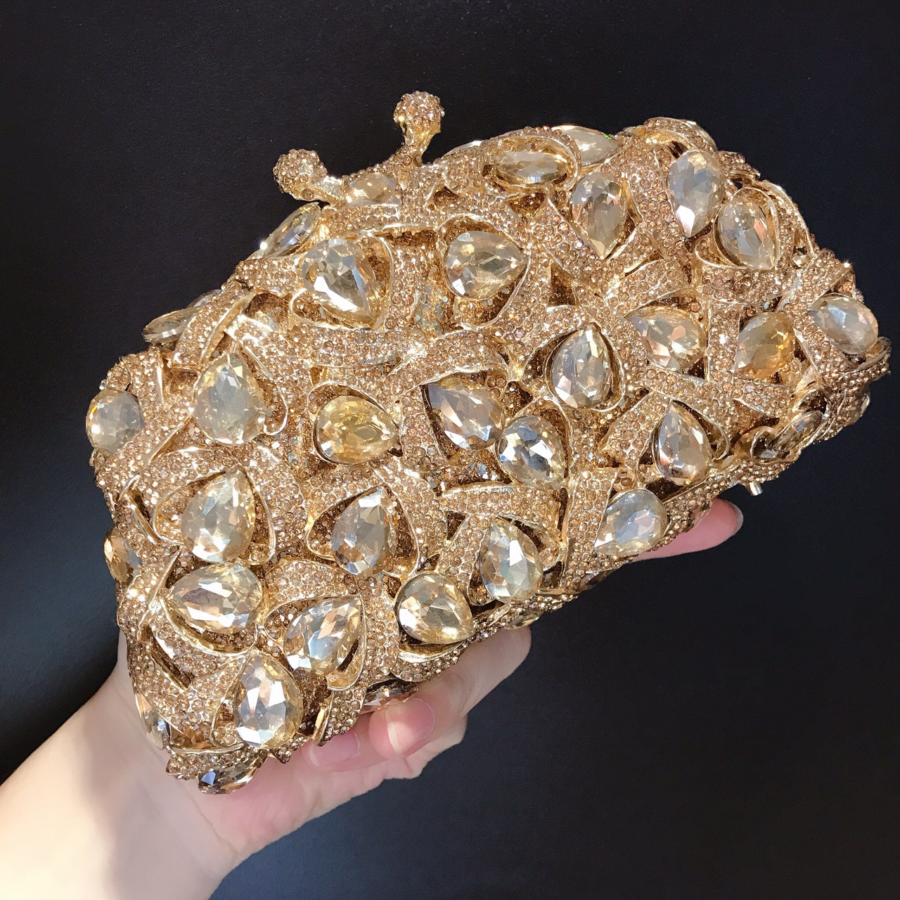 Túi clutch dạ hội đính kim cương pha lê kiểu Âu Mỹ — Nền vàng kim cương trắng, Đế Vàng Kim Cương, Nền bạc kim cương trắng, Đáy Bạc AB ảo thuật kim cương chi tiết 6
