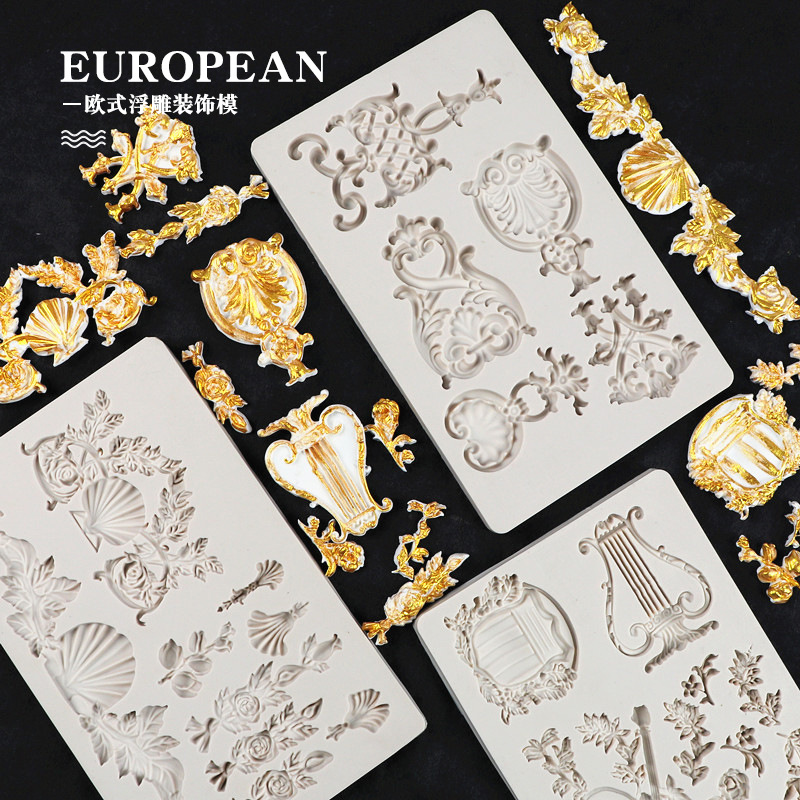 Corte de estilo europeo fondant pastel molde insignia patrón en relieve molde de silicona ritmo seco chocolate molde decorativo