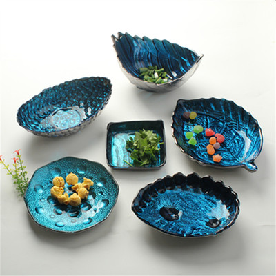 電鍍藍玻璃果碟火鍋店蘸料碟涼菜盤創意日式分子料理盤原色刺生盤