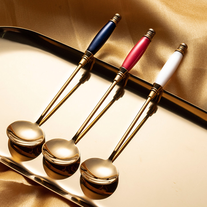 咖啡勺304不锈钢长柄搅拌勺陶瓷网红北欧风勺子搅拌棒彩色甜品勺|ms