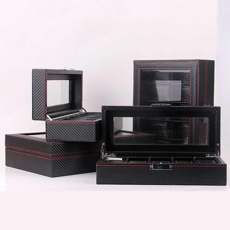 现货批发炭纤维皮制手表盒5 6 10 12位手表收纳盒简约PU手表盒子