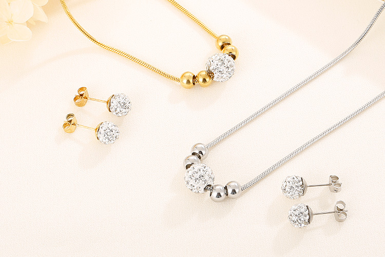 Korean temperament rhinestone small round bead necklace earring set stainless steel steel ball jewel