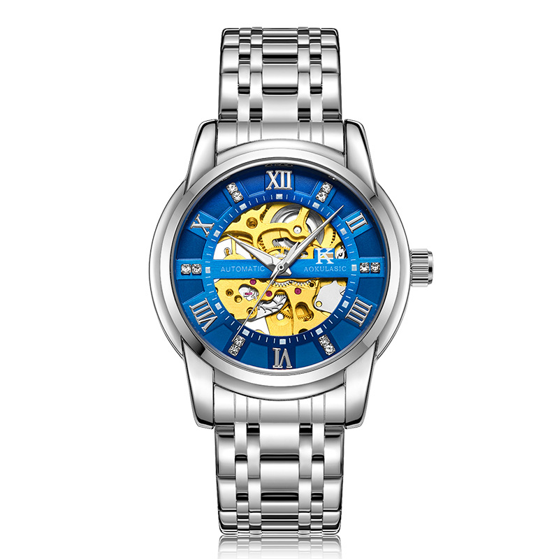 Ogulas AOKULASIC hombres correa de acero reloj mecánico automático hueco volante negocio reloj 5066