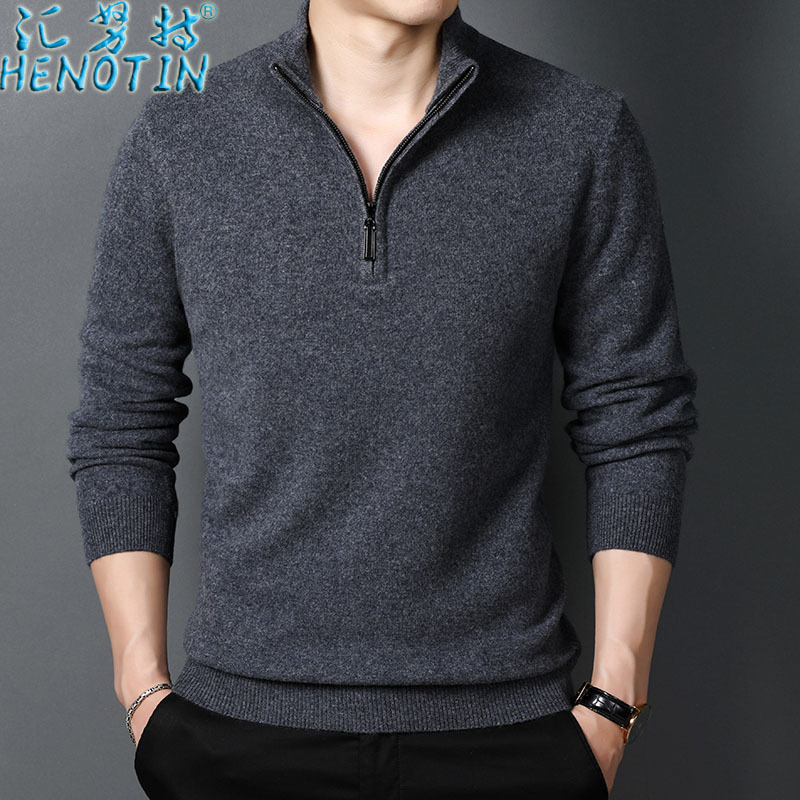 Huinute Men's Sweater Half-turtleneck 100% Full Wool Sweater Middle-aged and Old Autumn and Winter Thick Zipper Casual Base