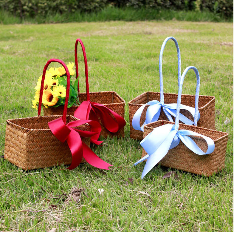 柳编田园防水手提草编花篮藤编编织多肉花盆家居装饰金色花篮花器