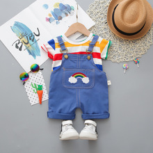 夏季新款休閑版兒童寶寶短袖套裝大條紋圓領短袖彩虹背帶短褲兩件