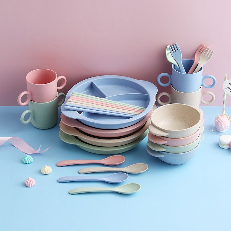 Wheat Straw Tableware Children's Eating Bowl Anti-scalding And Anti-fall Household Baby Bowl Spoon Cup Plate Set Child With Handle