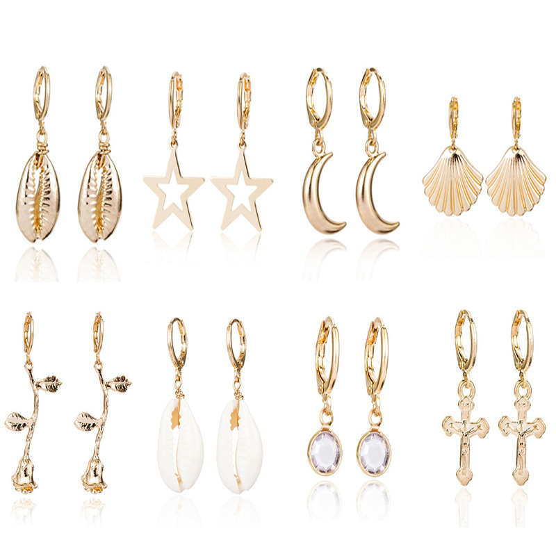 European and American Cross-border Jewelry Amazon Hot Star Moon Pendant Earrings Women Mini Shell Rose Earrings