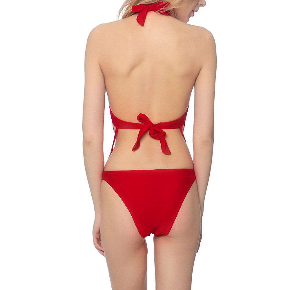 Solid Halter Tie Up Hollow One Piece Swimwear