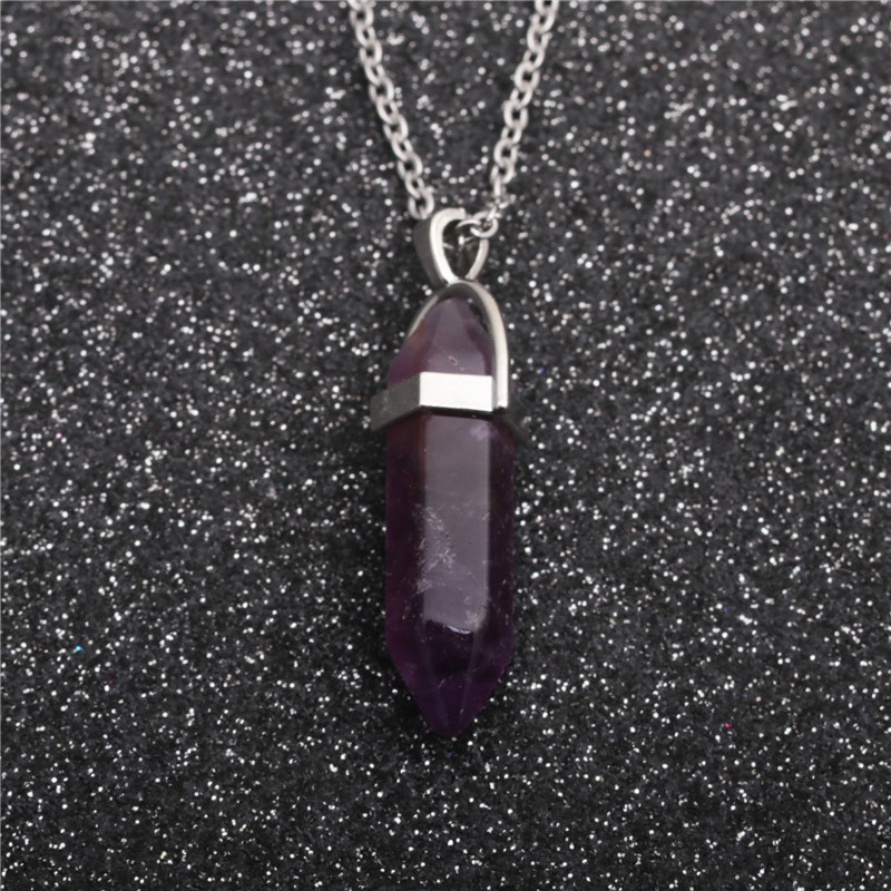 Stainless Steel Amethyst Hexagonal Column Pendant Necklace display picture 1