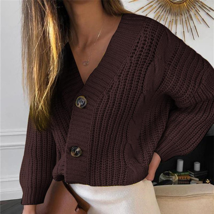 Amazon Otoño e Invierno casual de manga larga botón suéter cardigan abrigo mujer suelta lana gruesa giro suéter ropa exterior