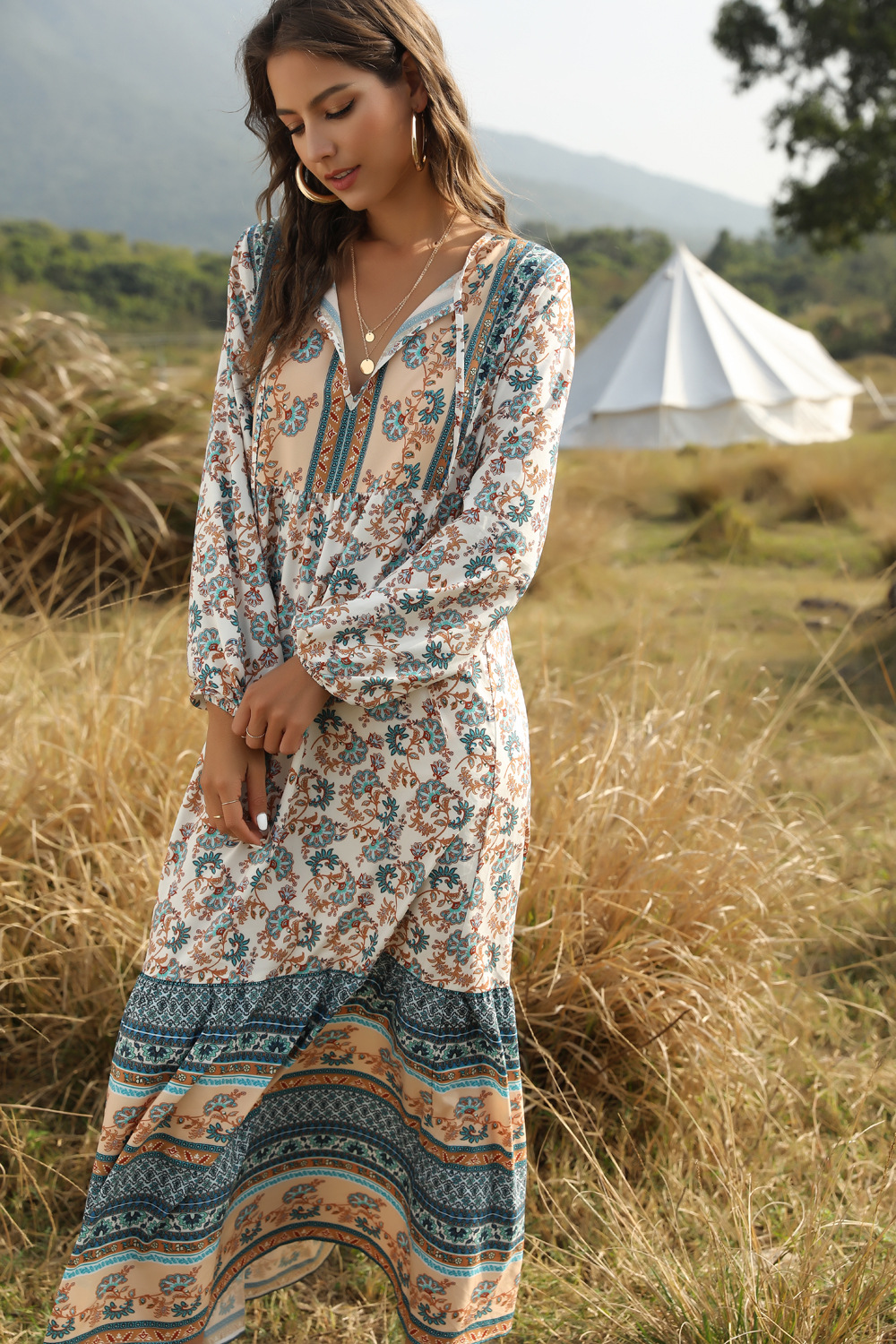 Lace-up long bohemian print loose long sleeve dress NSDF1494