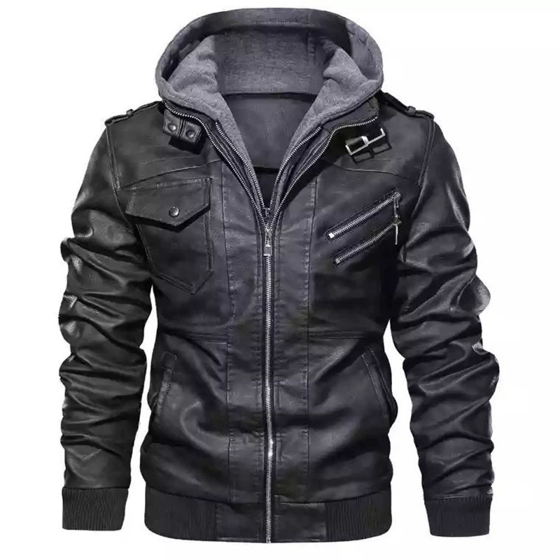2022 spot zipper digging bags black youth lapel zipper in winter straight hooded leisure leather jacket