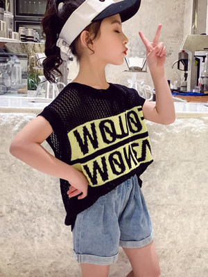 2020夏季新款女童毛衣针织衫中大童洋气儿童镂空洋气无袖背心T恤