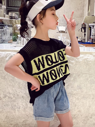 2020夏季新款女童毛衣针织衫中大童洋气儿童镂空洋气无袖背心T恤