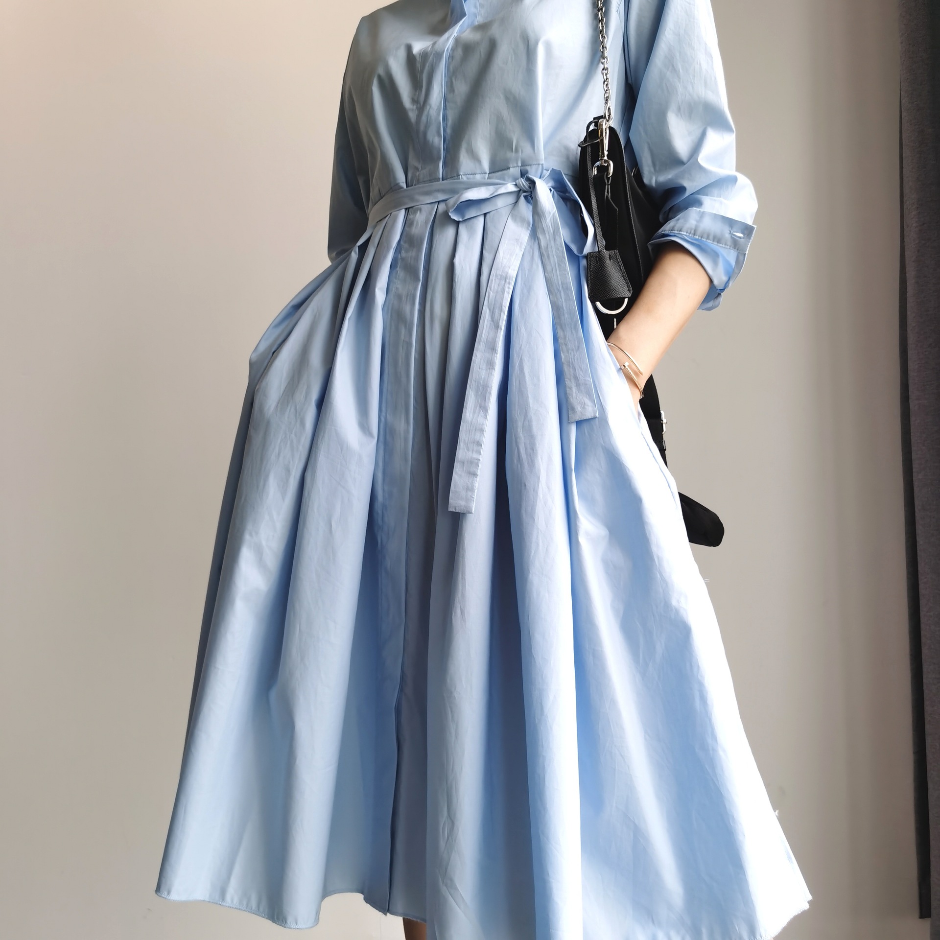 20春夏新款女装府绸衬衫式七分袖大摆及膝系带款连衣裙女