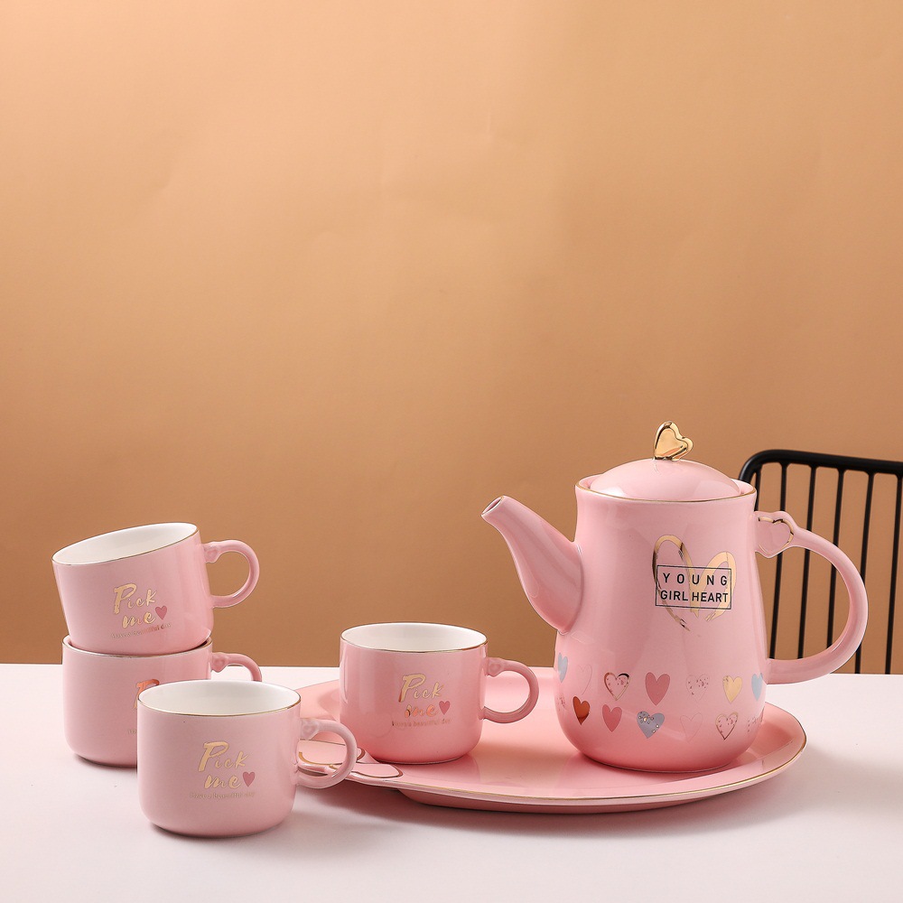 Color caramelo creativo melocotón corazón conjunto de agua traje con bandeja taza botella de agua fría Estilo nórdico regalo juego de té de agua fría