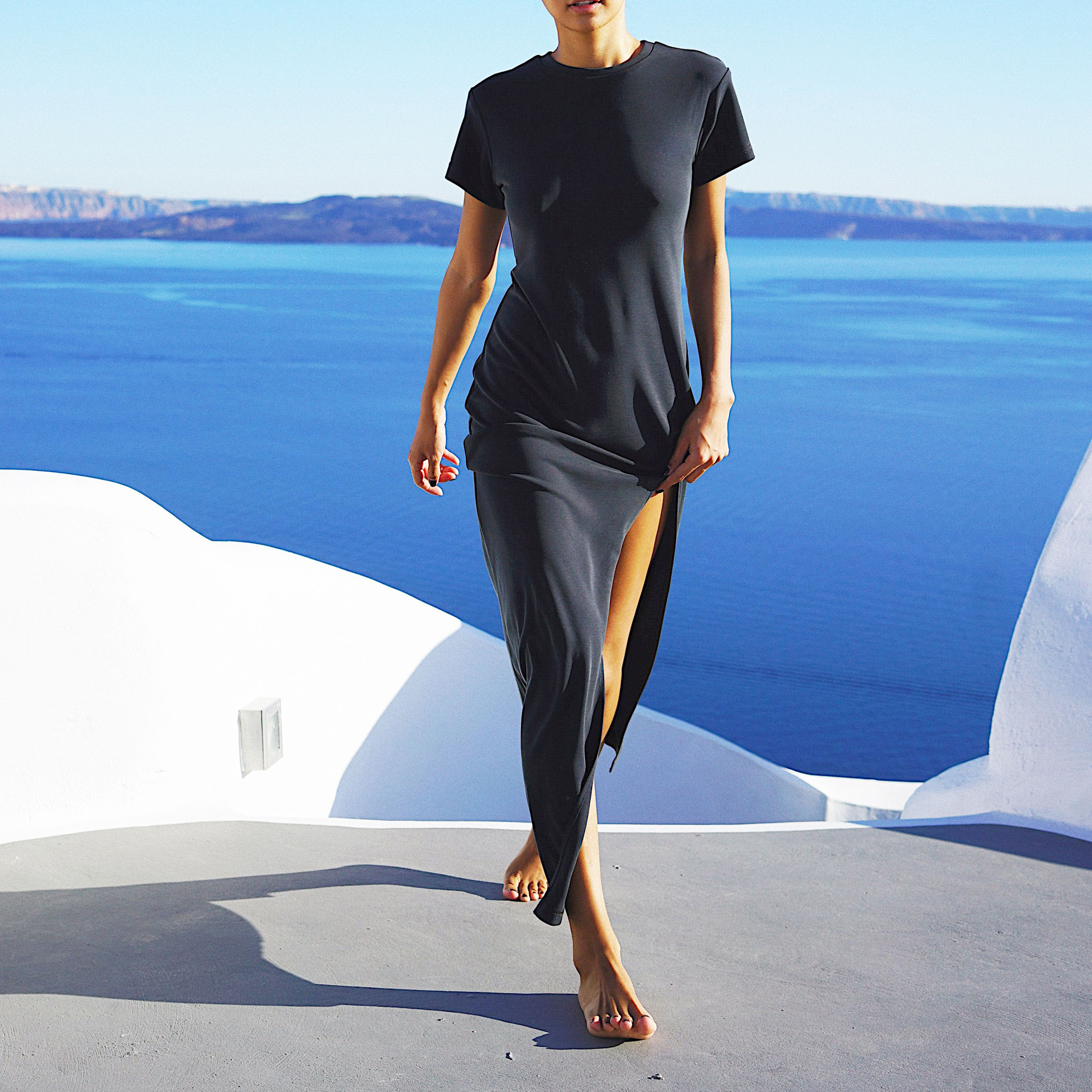 特批7073新款 铜氨丝面料短袖裙性感连衣裙侧开叉长裙显瘦裙