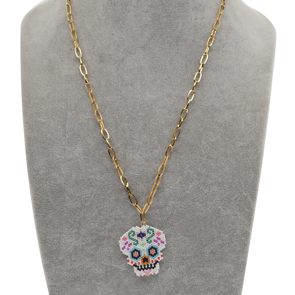 New Exaggerated Rice Beads Woven Halloween Skull All-match O-shaped Stainless Steel Necklace display picture 1