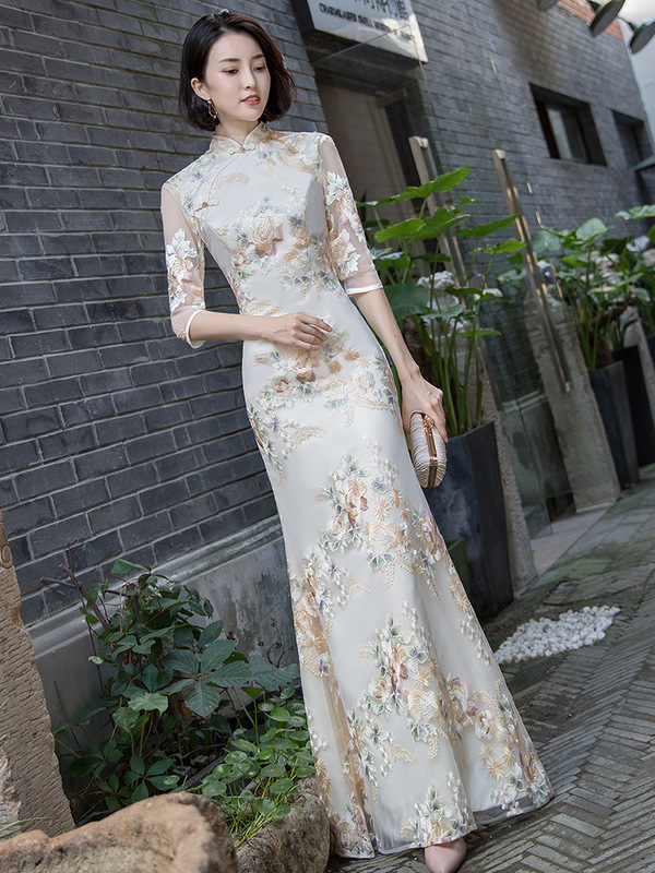 green emerald velvet dress Floral Appliques 3/4 Sleeve V Neck Tea Length Oriental Evening Dress Burgundy / S main image 1