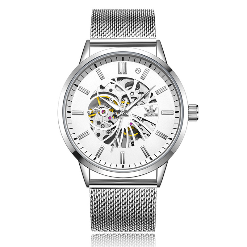 SEWOR moda de los hombres Milán malla reloj mecánico automático de negocios reloj mecánico hueco-fuera reloj transparente 1827