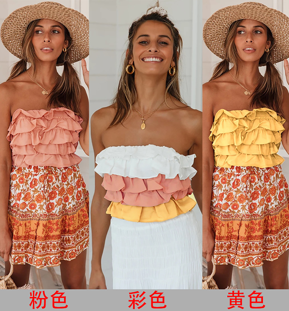 spring and summer new style ruffled color matching back strapless tube top NSDF410