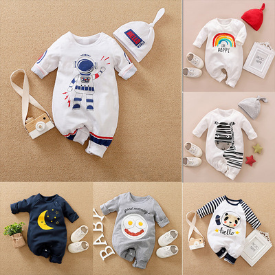 秋装带帽初生婴儿连体衣棉质长袖爬服个性宝宝太空服哈衣春季代发