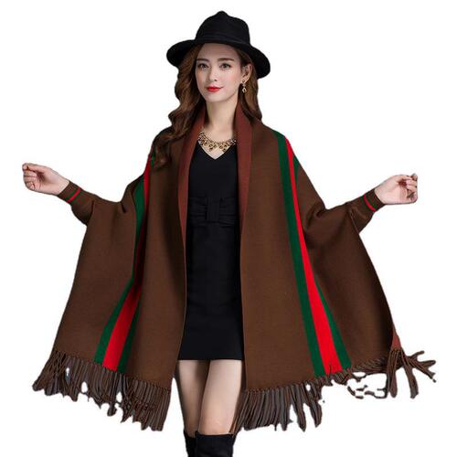Autumn and winter new style tassel striped sleeved shawl cloak double-sided thickened coat women's bat sleeve knitted cardigan shawl